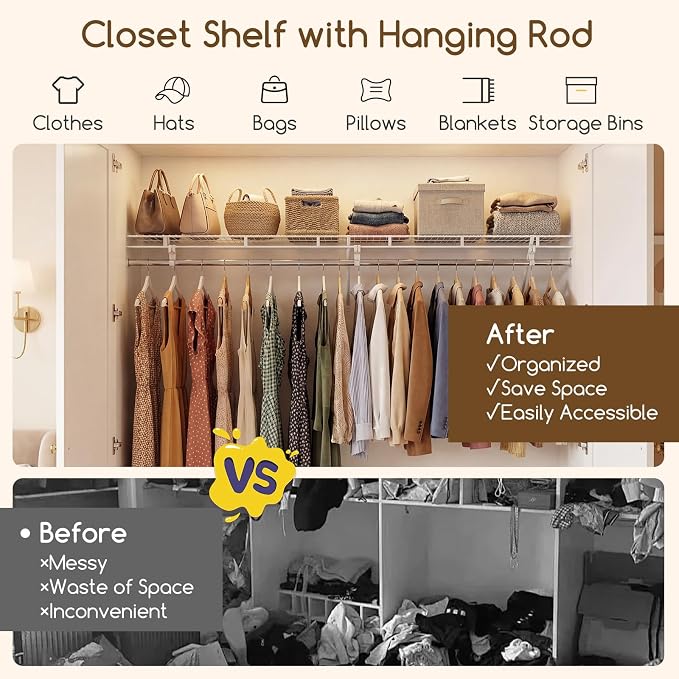 COSTWAY Closet Shelves Wall Mounted, Ventilated Shelf with Hanging Rod | Metal Wire Shelving Kit, Wire Wall Shelf for Laundry Room, Bedroom, Home, Mounting Accessories Included (6 ft x 12 in)