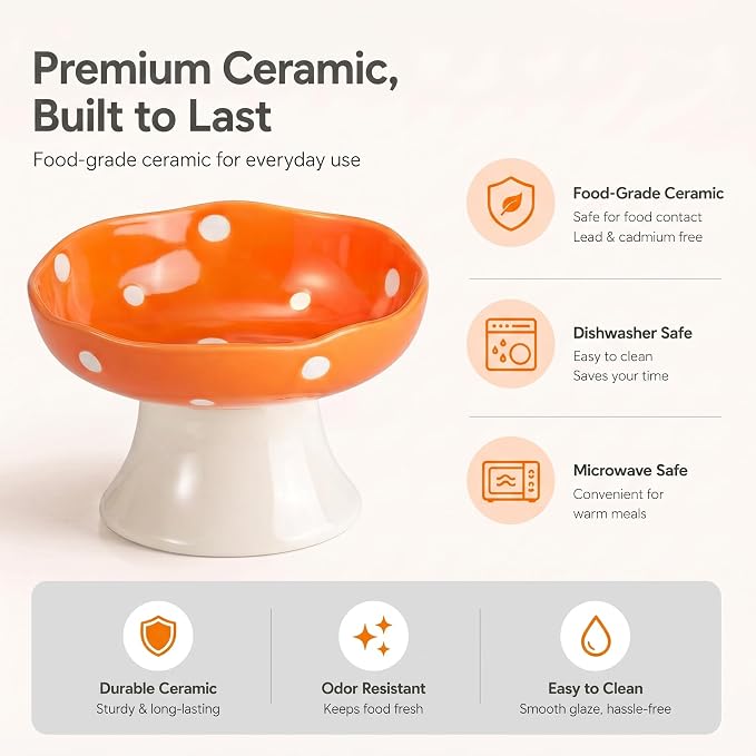 Orange Mushroom Cat Bowl, Elevated Ceramic Bowl for Cats | Elevated, Ceramic, Whisker Friendly, Anti Vomitin,Cute Mushroom Design