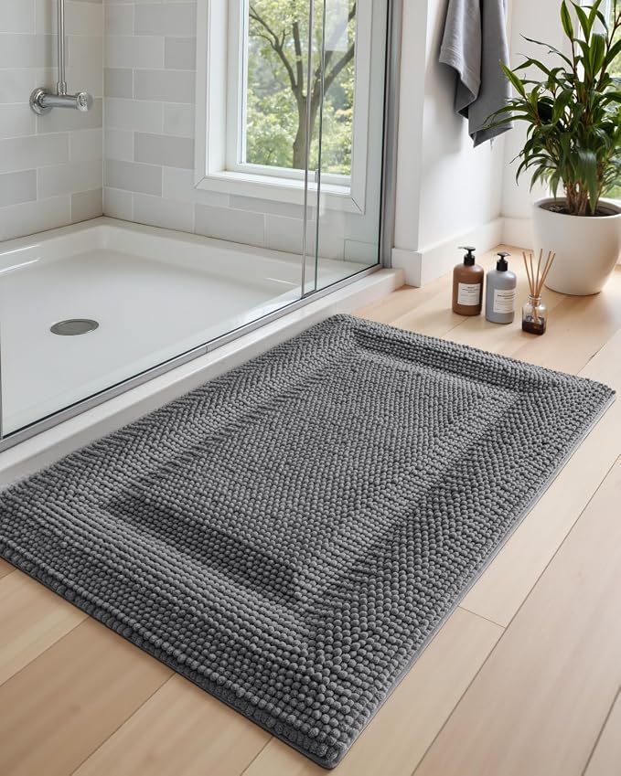 DEXI Bath Mats for Bathroom 36x24, Non Slip Washable Bathroom Rug, Thick Soft Chenille Absorbent Bathmat for Shower Floor, Fluffy Shaggy Carpet for Tub, Grey