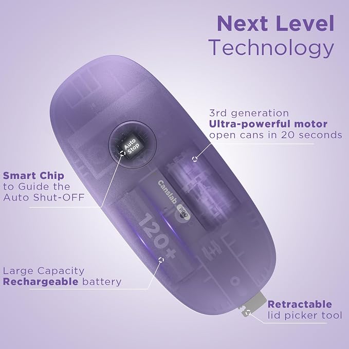 Canslab Ultrablade PRO Electric Can Opener,USB Rechargeable,Smart Auto Stop | Automatic Can Opener for Seniors with Arthritis, Handsfree Side Cut with Smooth Edge, Cordless, Kitchen Wall Mountable, Lilac