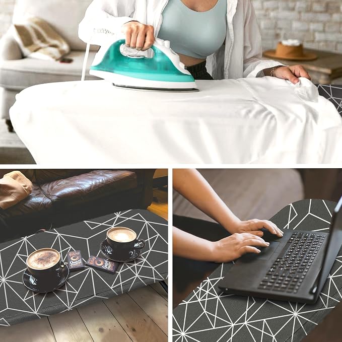 Small Ironing Board Tabletop Foldable, RAINHOL Space-Saving Iron Board, Compact and Portable for Travel and College, with Hook and Iron Holder, Steel Mesh, 32" x 12", Black and White Stripes