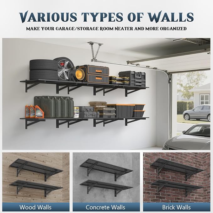 Jusgym 2 Pack Heavy Duty Garage Wall Shelving (1.5x4ft), 700lbs Capacity Garage Shelving Wall Mounted, 18"x96"Garage Storage Rack Floating Shelves, Black