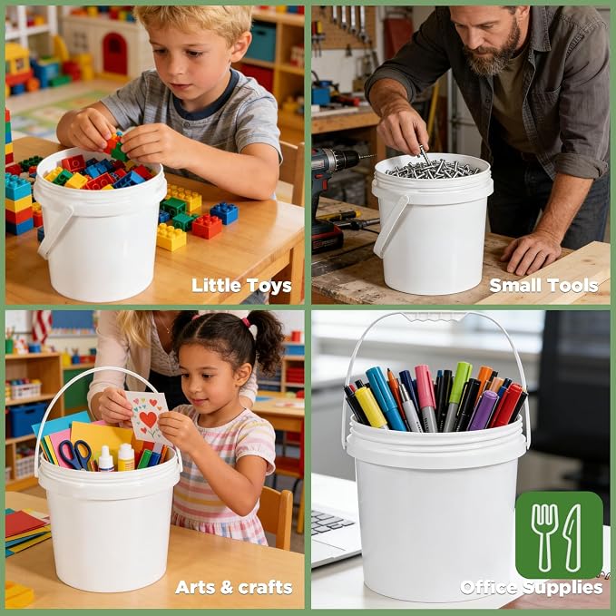 4 Pack 1.3 Gallon White Plastic Storage Buckets with Screw Lids, Food Grade Container with Measurement Markings, Reusable Small Container