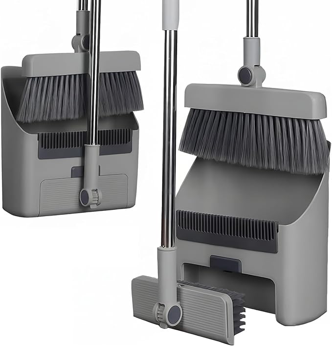 Broom Dustpan 3-in-1 90° Stand up Heavy Duty Dust Pan and Broom Set with Long Handle 180° Rotation for Indoor & Outdoor