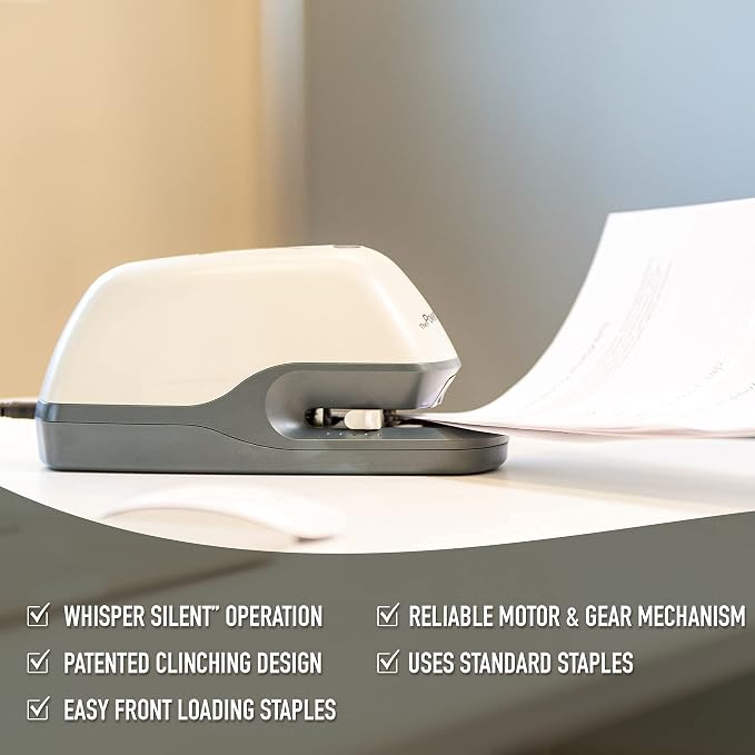 Powerhouse Ultra-Quiet 40 Sheet Premium Electric Stapler – Jam-Free Flat Clinch for Office, School, or Home – Adapter, Magnetic Remover, 1,250 Staples, Does not Require Special Staples