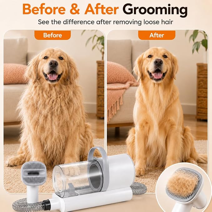Dog Grooming Vacuum, 12000Pa Powerful with 1.5L Cup 7 in 1 Pet Electric Grooming Vacuum for with Hair Clipper & Shedding Brush, Low Noise, 3 Suction Levels for Thick Hair Cats & Dogs