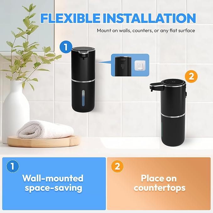 2 Pack Automatic Soap Dispenser Touchless,Liquid Hand Soap Dispenser 12.8oz Electric Wall Mounted Smart for Bathroom and Kitchen Dish Soap，Easy for Toddlers(Black)