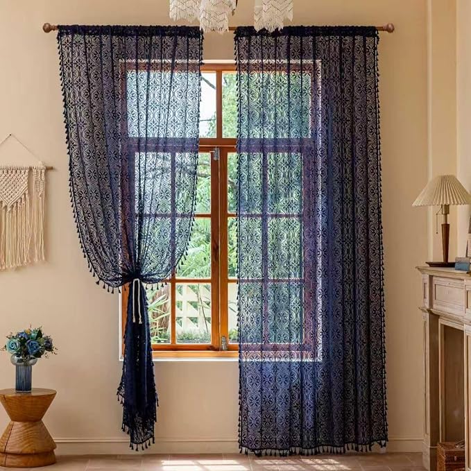 Sutuo Home Boho Lace Curtains for Living Room Dining Room, Floral Semi Sheer Curtains with Tassels Cottagecore Farmhouse Privacy Crochet Vintage Chic Drape Rod Pocket, 2 Panels 50" x 96" Navy Blue
