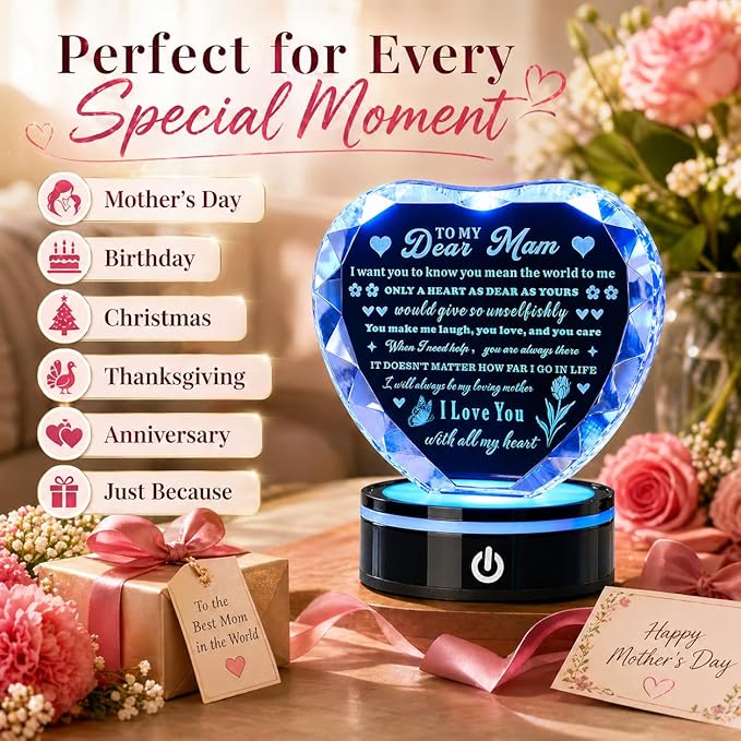 Crystal Heart Birthday Gifts Ideas for Mother from Son Daughter Moms Mother's Day Mothers Day Gifts for Mom Romantic Best Unique Keepsakes Presents with Colorful LED Base Gift (Mom Gifts)