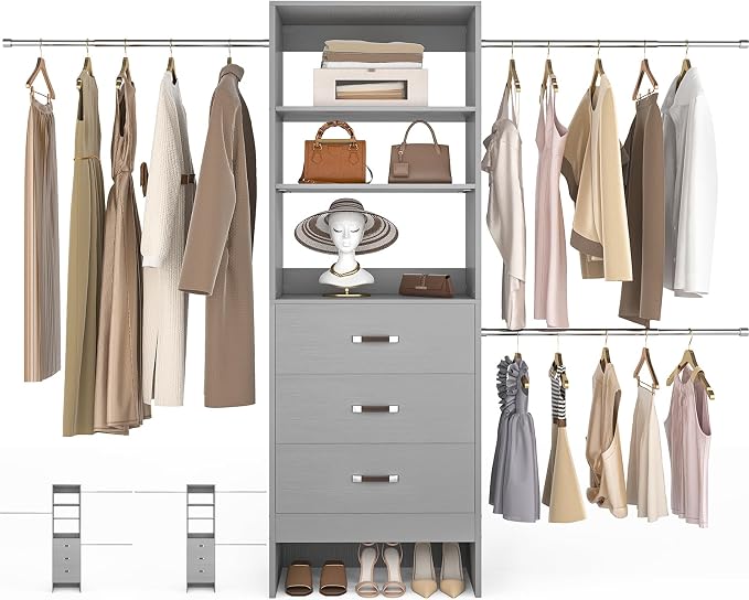 Besiost 96'' Closet Organizer System with 3 Hanging Rods, 8FT Closet Organizers and Storage with 3 Wooden Drawers, Built in Closet Organizer Systems, Adjustable Walk-in Wardrobe from 5-8FT, Grey