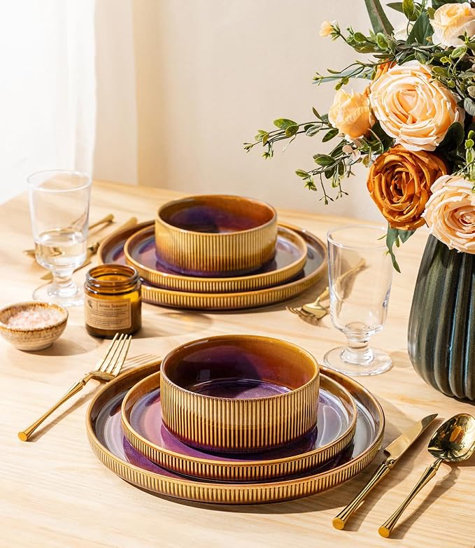 TheTerra Ceramic Dinnerware Sets for 4, 12 Pieces Porcelain Lightweight Plates and Bowls Sets, Scratch Resistant Dish Set, Oven & Microwave & Dishwasher Safe, Amber Amethyst