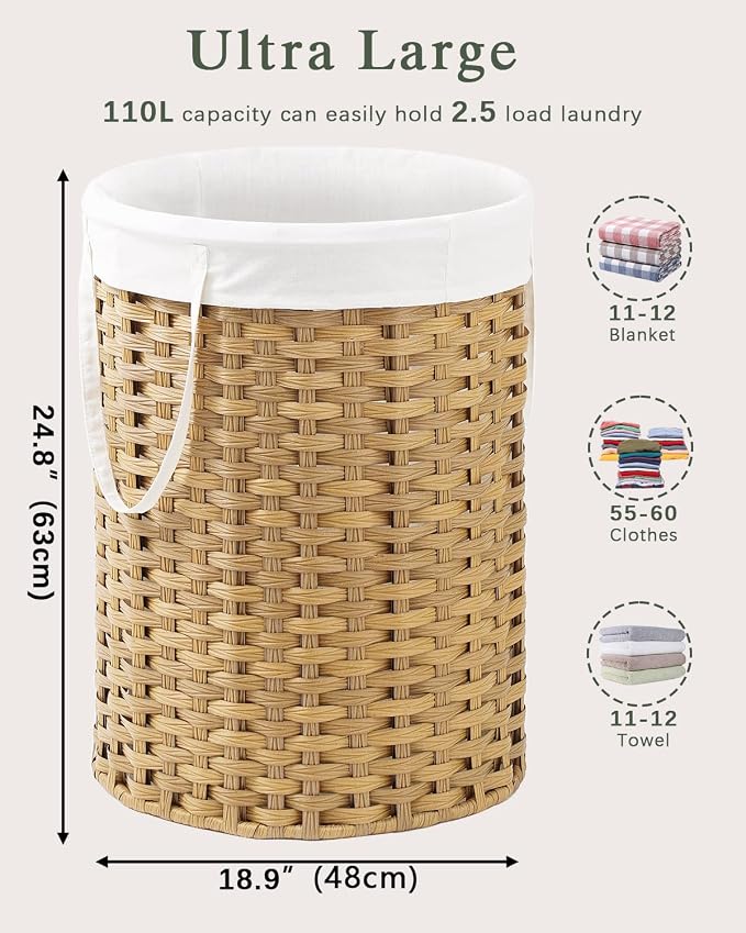 SETVSON Laundry Basket Round Rattan Laundry Hamper 29.1 Gal(110 L)Handwoven Large Wicker Basket with Handles, Wicker Hamper with Removable Bags and 2 Mesh Bags for Bathroom Living Room Natural(No Lid)