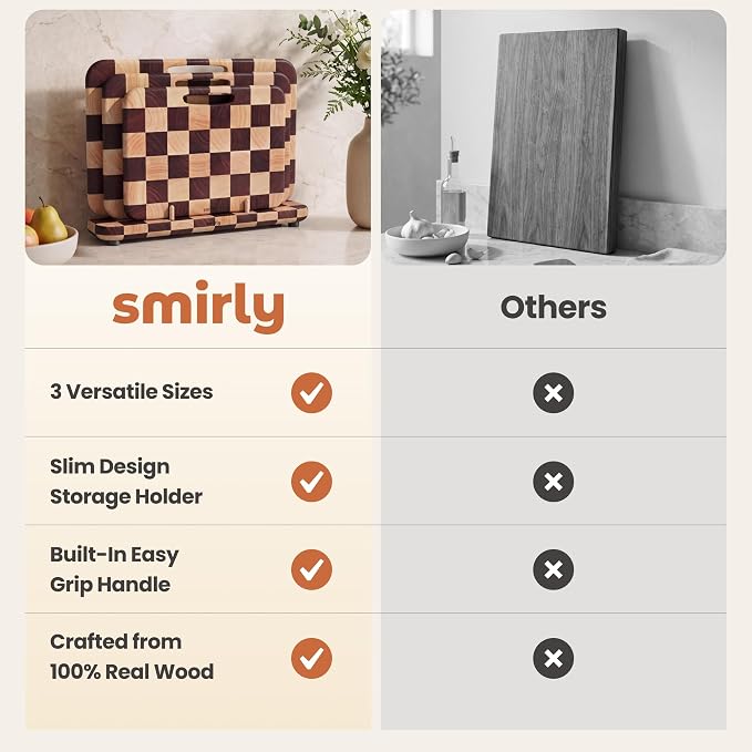 SMIRLY Cutting Board Set - 3 Piece Rubberwood Cutting Boards with Stand | Double-Sided Wood Cutting Board, Checkered Cutting Boards Non Toxic for Meat Vegetable Fruit, Food-Grade