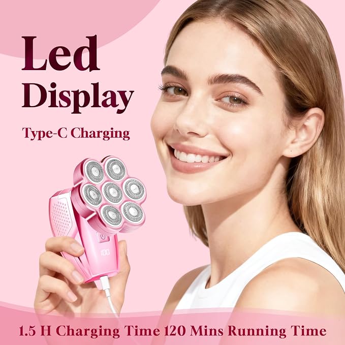 Women’s Electric Razor for Legs Face Bikini | 120 Min Runtime, IPX7 Waterproof, 7D Floating Head, USB-C Fast Charging, Travel Lock Design, LED Battery Display