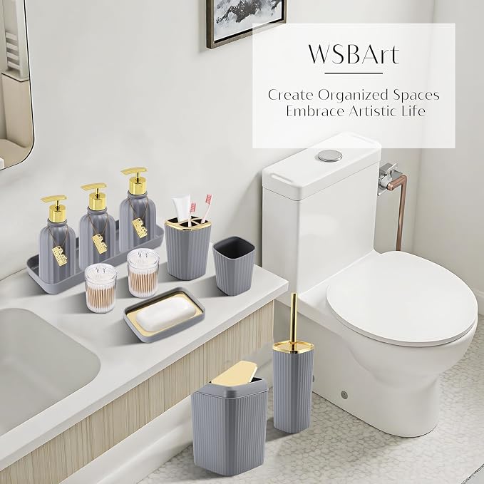 17PCS Bathroom Accessory Set Bathroom Set Grey Bathroom Accessories,Toilet Brush,Trash Can, Qtip Holder Dispenser& 3PCS Soap Dispenser