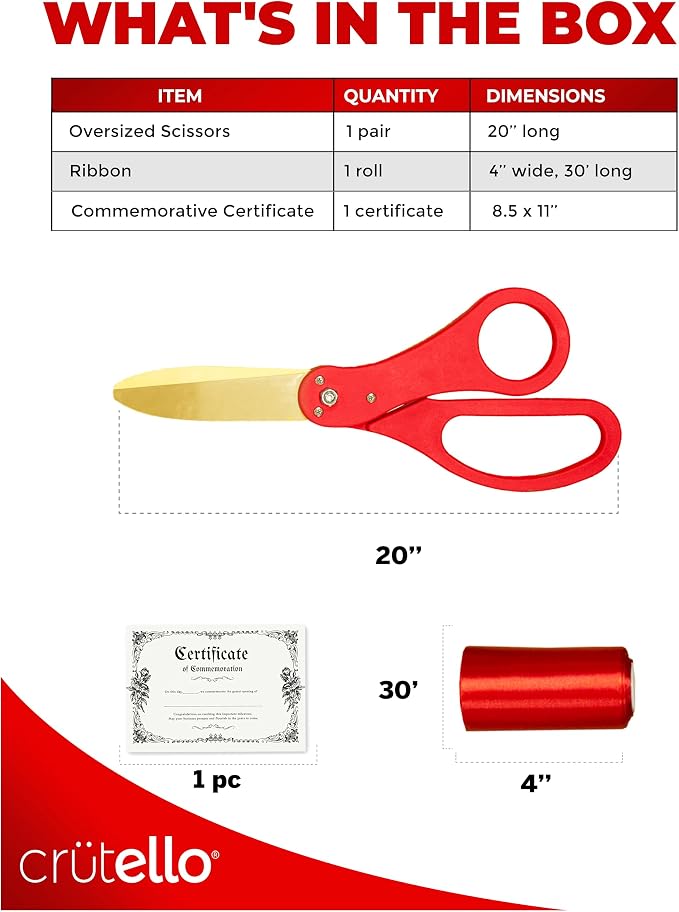 Crutello Grand Opening Ribbon Cutting Kit - Giant Gold Scissors with Red Handle & 30ft Red Ribbon 4"Wide