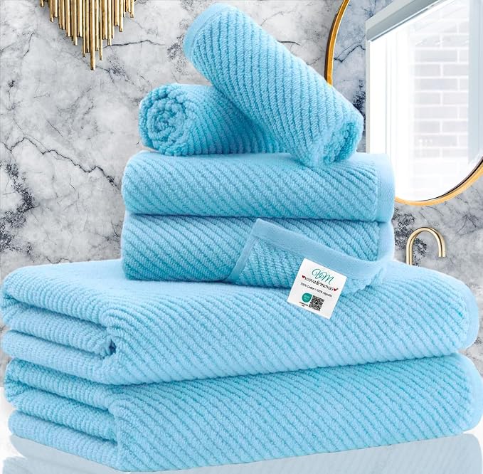 VOOVA & MOVAS 6PC Towel Set, 100% Cotton, Blue | 2 Large Bath 30x56 In, 2 Hand 18x28 In, 2 Wash Cloths 13x13 In, Quick Dry, Thick, Soft, Luxury Towel Gift Set