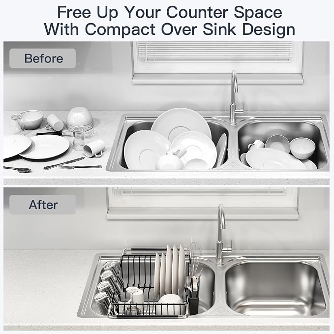 Dish Drying Rack Over The Sink with Utensil Holder | Expandable Stainless Steel Dish Drainer for Small Kitchen, Apartment, RV, Counter Space Saving, Perfect Fit, Rustproof