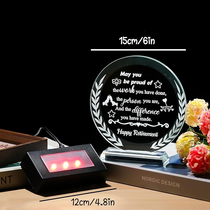 Happy Retirement Gifts for Woman Men Crystal Retirement Plaque Gifts with LED Light Base 2026 Glass Keepsake for Retired Boss Friend Coworker Teacher Going Away