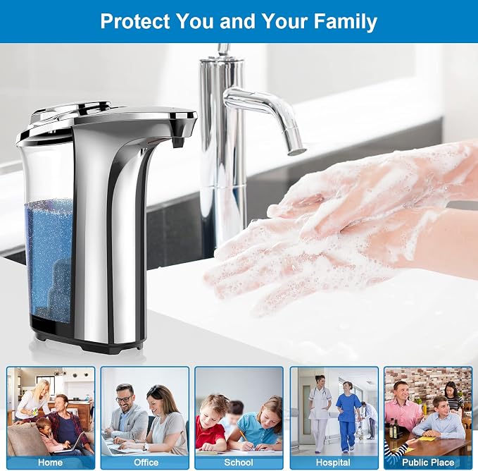 PZOTRUF Automatic Soap Dispenser, Touchless Dish Soap Dispenser 17oz/500ml with Upgraded Infrared Sensor, 5 Adjustable Soap Dispensing Levels, Liquid Hand Dispenser for Bathroom (Silver Set)