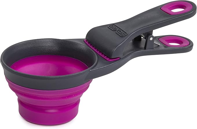 Dexas Popware for Pets Collapsible Klip Scoop, 3-in-1 Pet Food Scoop, Measuring Cup and Bag Clip, 1/2 Cup Capacity, Fuchsia