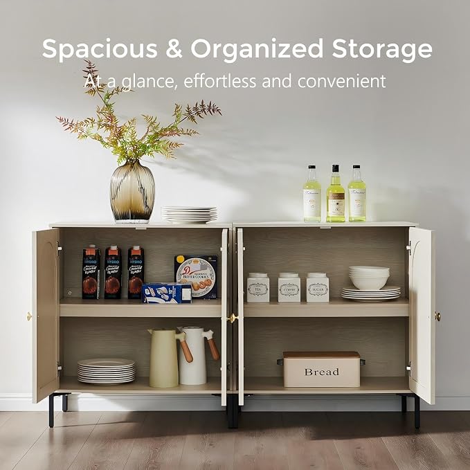 IFGET 123.5" W Modern Arched Sideboard Buffet Cabinet with Storage, Cream | Fluted Arch Sideboard Cabinet w/Adjustable Shelves, Wooden Modular Kitchen Cabinet for Dining& Living Room, Kitchen, Entryway