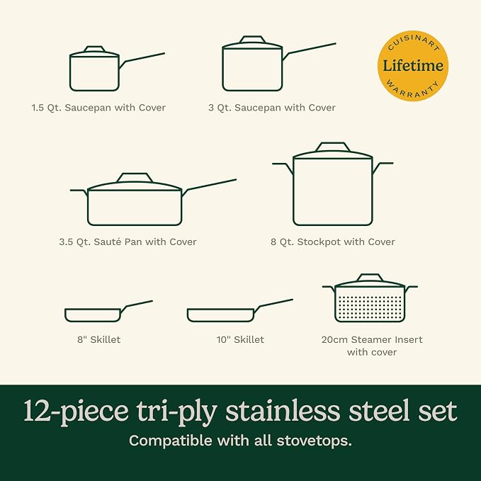 Cuisinart Stainless Steel Pots and Pans Set, Induction Compatible, 12 pc | 12-pc Cuisinart stainless steel cookware set with saucepans, sauté pan, stockpot, & skillets, oven safe to 500°F, MCPS-12N