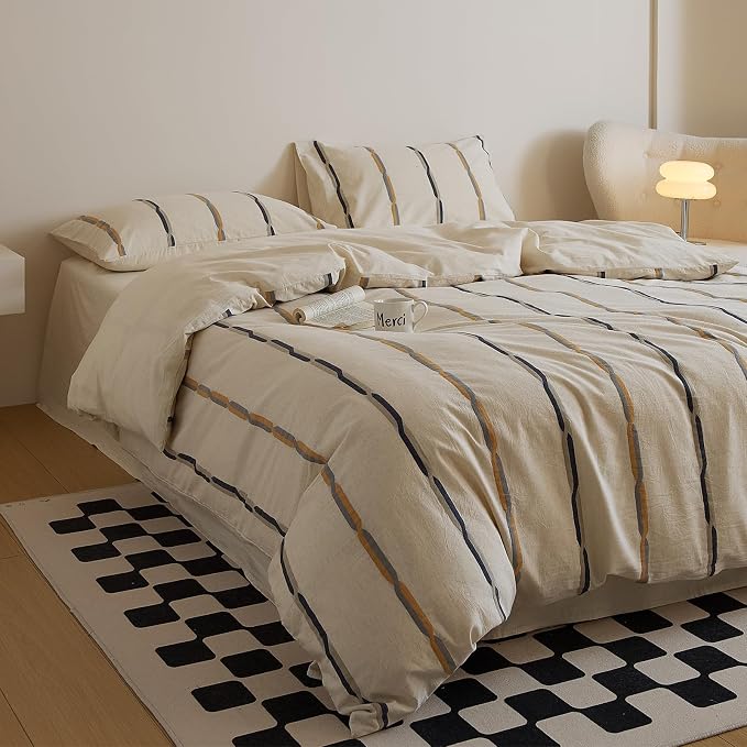 mixinni Cotton Linen Jacquard Duvet Cover Set King, 3-Piece Mid-Century Modern Bedding, Vintage Striped Bohemian Duvet Cover with 2 Pillowcases, All-Season Breathable Comforter Cover-King Size