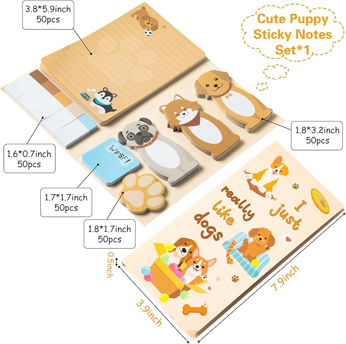 Xqumoi I Just Really Like Dogs Sticky Notes Set, 550 Sheets, Cute Cartoon Puppy Self-Stick Notes Pads Animal Divider Tabs Bundle Writing Memo Pads Back to School Office Supplies Small Gift