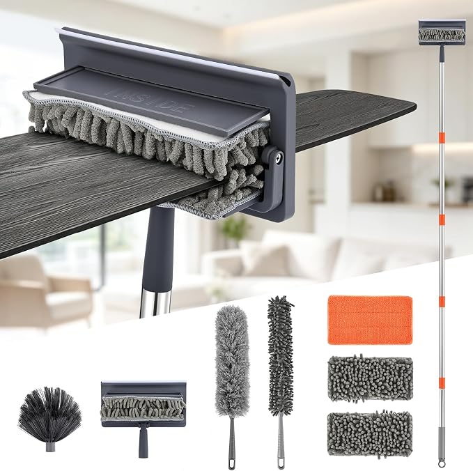 76 Inch Ceiling Fan Cleaner with Long Handle, 360° Fan Blade Cleaner, High Ceiling Duster Cleaning Kit with Cobweb Brush, Chenille and Microfiber Duster for Blinds, Walls and Light Fixtures