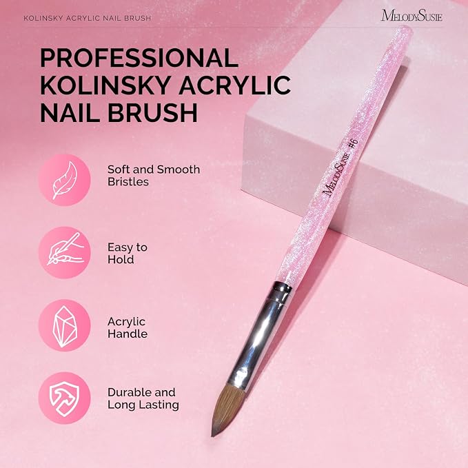 MelodySusie Kolinsky Acrylic Nail Brush,66% Kolinsky Hair,Professional Nail Art Brush for Acrylic Application, Aurora Collection Fine Glitter Brush, Size 6