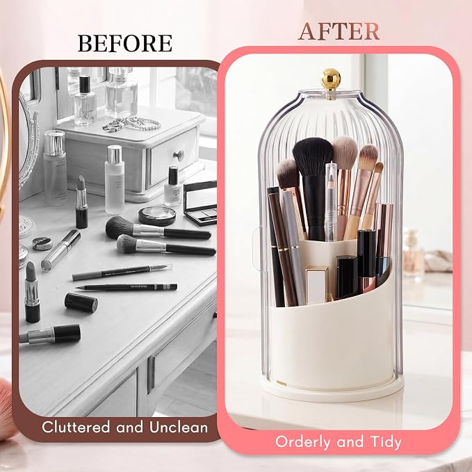 Novabright 4 Pack Makeup Brush Holder with Lid 360° Rotating Makeup Brush Organizer with 3 Compartments Dustproof Cosmetic Storage for Vanity Bathroom Countertop (Transparent)