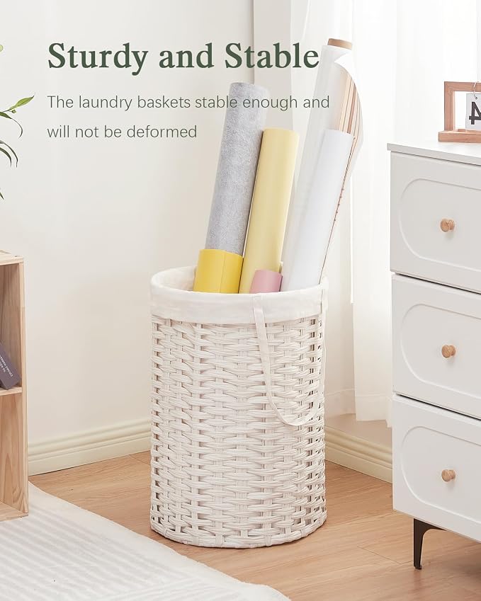 SETVSON Laundry Hamper Laundry Basket Round 19.0 Gal (72 L) Handwoven Rattan Hamper, Large Wicker Laundry Hamper with Removable Laundry Bag Handles 2 Mesh Bags for Bedroom Living Room White (No Lid)