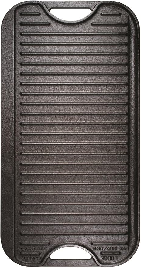 Lodge LPGI3 Cast Iron Reversible Grill/Griddle, 20-inch x 10.44-inch, Black & Cuisinart CGPR-221 Cast Iron Grill Press (Wood Handle), Weighs 2.1-pounds
