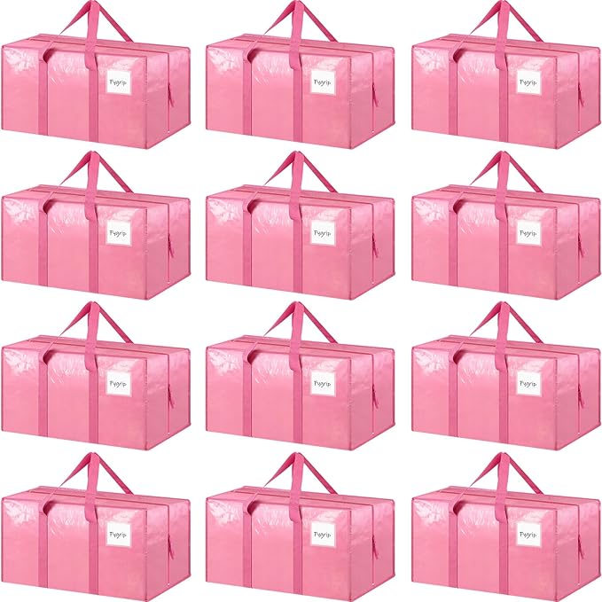 12 Pack Extra Heavy Duty Large Moving Bags with Strong Zipper, Pink | Comfortable Handles, Sturdy & Durable Clothes Storage Bags Totes Bins, Blue Packing Moving Boxes for College Supplies
