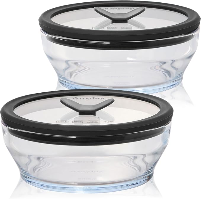 Anyday 2-Pack 2-Cup Glass Food Storage Set with Lids (Clear Black Sesame) | Plastic Free Meal Prep, Stackable Airtight Container, Vented Glass Lid for Microwave-Safe Reheating