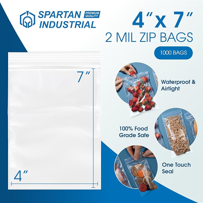 Spartan Industrial - 4” X 7” (1000 Count) 2 Mil Clear Reclosable Zip Plastic Poly Bags with Resealable Lock Seal Zipper