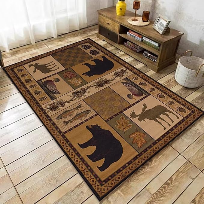 Rustic Cabin Deer Rugs 3x5 Feet Lodge Bear Fish Area Rug for Hallway Laundry Room Bathroom Non-Slip Cabin Bear Indoor Decorative Carpet