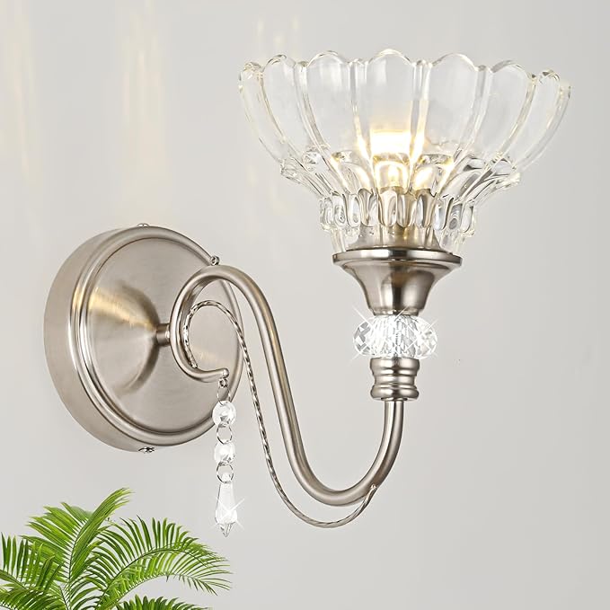 1 Piece Brushed Nickel Finish Wall Sconce, 1-Light Modern Wall Sconce with Hanging Crystal Accents and Flower-Shaped Clear Shades for Bathroom Bedroom Living Room,Modern Vanity Light