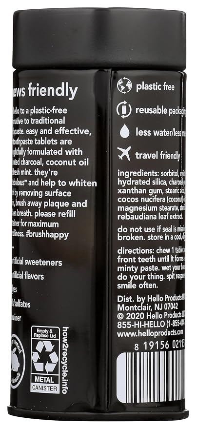 Hello Activated Charcoal Teeth Whitening Eco Friendly Travel Toothpaste Tablets, Fresh Mint and Coconut Oil, Fluoride Free, TSA Compliant, Vegan, SLS Free, Plastic-Free, 60 Tablets