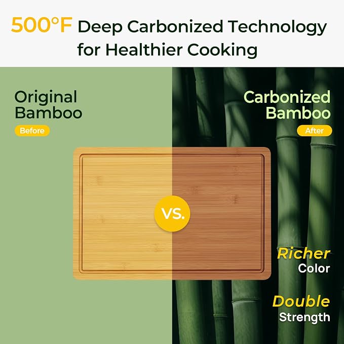 Keechee Carbonized Bamboo Cutting Board for Kitchen, XL Chopping Block | Deep juice grooves, built-in handles, extra large surface for carving meat, turkey and BBQ