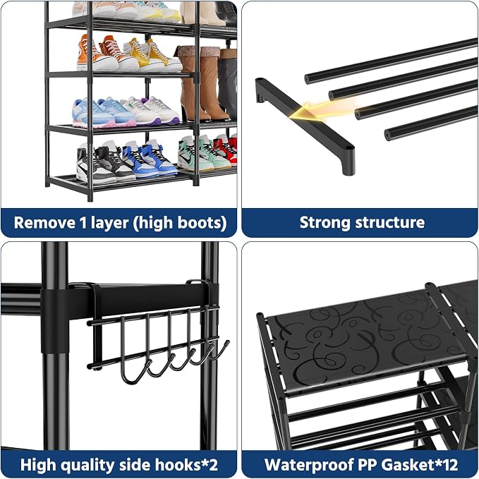Ekisemio Large Shoe Rack Organizer for Entryway Closet 72-80 Pairs 10-Tier Heavy Duty Tall Garage Shoe Rack Shoe Shelf Shoes Storage with Removable Side Hooks for Bedroom and Garage, Black