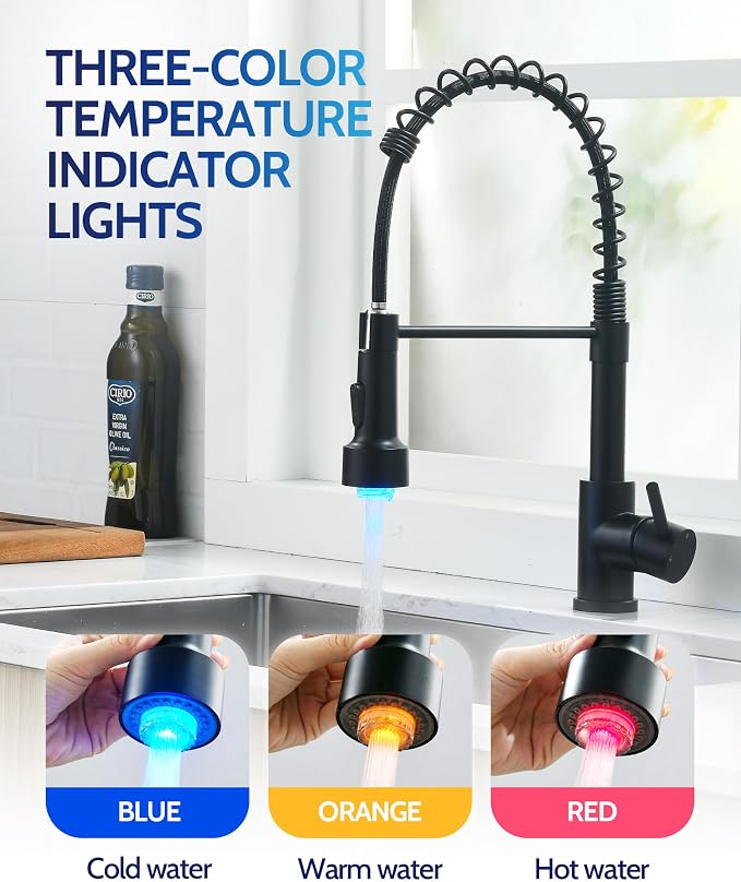 LUFEIDRA Black Kitchen Faucet with Sprayer LED Light, High Arc Spring 304 Stainless Steel Single Handle LED Faucets, Kitchen Sink Faucet for Bar Sink Rv, Matte Black, Pot Filler Faucets