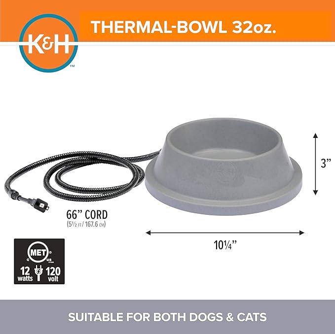 K&H Heated Water Bowl, Thermal-Bowl for Cats & Dogs, Safety Listed 12W | Outdoor Water Stays Unfrozen In Winter. Outdoor Heated Dog Dish for Pets, Automatic No Freeze, Anti Chew Cord, 32 Ounces Gray