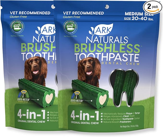 Ark Naturals Brushless Toothpaste – Medium Breeds, 18oz Bag, 2-Pack – Dog Dental Chew with Toothpaste Center – Freshen Breath and Reduce Plaque & Tartar with Dental Chews for Dogs | Dental Chew with Toothpaste Center to Freshen Breath, Reduce Plaque & ...