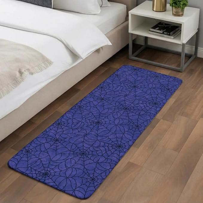 Large Entryway Rug 31.5"x63",Navy Blue Halloween Absorbent Non Slip Indoor Outdoor Floor Mat,Black Spiders Net Classic Gingham Low Profile Area Rug for Front Entrance Mudroom Patio Garage Double Door