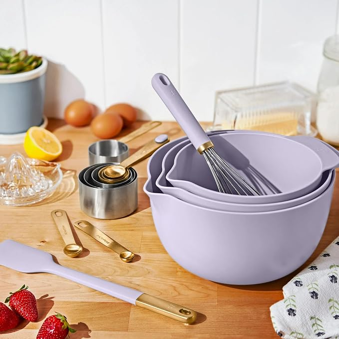 14 Piece Mixing Bowl and Measuring Set, Nesting Kitchen Prep Set with Measuring Cups Spoons Whisk Spatula, BPA Free Dishwasher Safe Baking Set (Lavender)