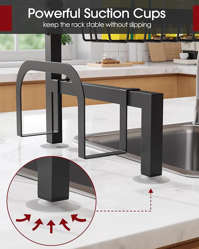 Sakugi Over The Sink Dish Drying Rack - Adjustable 3 Tier XX-Large Capacity Stainless Steel Drainer with Cutlery & Utensil Holders, Kitchen Storage & Organization, 31.5"-39.5"L x 12"W x 30.5"H, Black