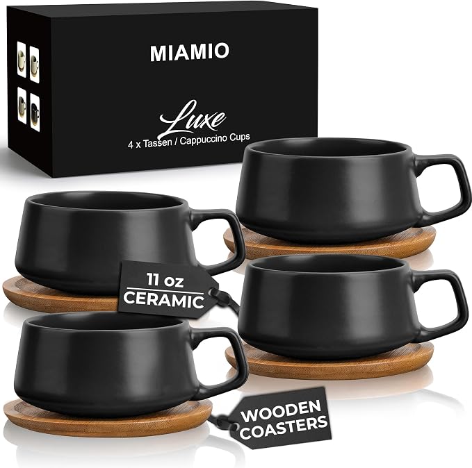 MIAMIO - Cappuccino Cup Set of 4, Ceramic (11oz), Wide - Luxe (Black) | Ceramic cappuccino cups and saucers, wide latte cups and mugs for Americano, 4-piece set of ceramic cups, dishwasher safe