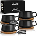 MIAMIO - Cappuccino Cup Set of 4, Ceramic (11oz), Wide - Luxe (Black) | Ceramic cappuccino cups and saucers, wide latte cups and mugs for Americano, 4-piece set of ceramic cups, dishwasher safe